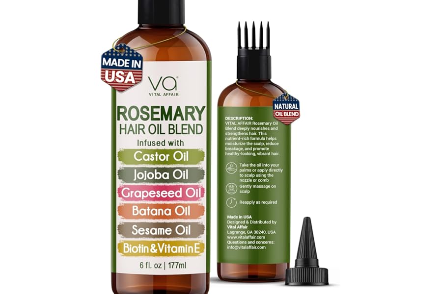 VITAL AFFAIR Blend Of Pure Rosemary Oil For Hair Growth With Castor, Batana, Jojoba Oil-Infused With Biotin & Vitamin E-Blend of Effective Hair Oils for Hair Growth-Strengthening Treatment 6 Fl Oz