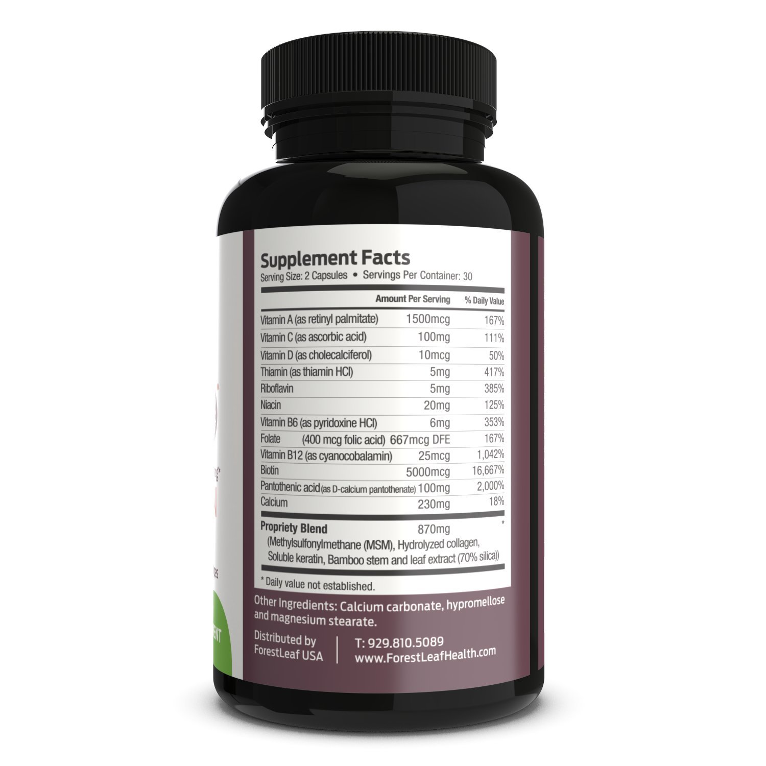 Hair Skin and Nails Supplement For Men and Women - All Natural Biotin, Keratin, Bamboo Regrowth Formula For All Hair Types - 60 Vegetarian Capsules – By Forestleaf