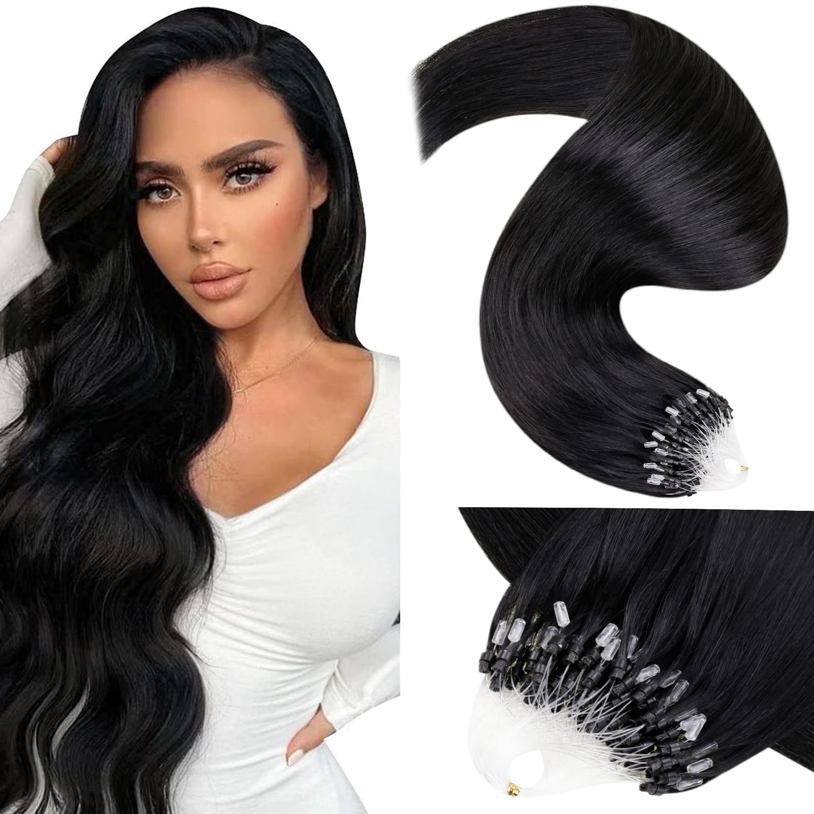LaaVoo Black Micro Beads Hair Extensions Real Human 22 Inch Remy Straight Natural Black Invisible Micro Loop Hair Extensions 50g 50s #1 — image 1