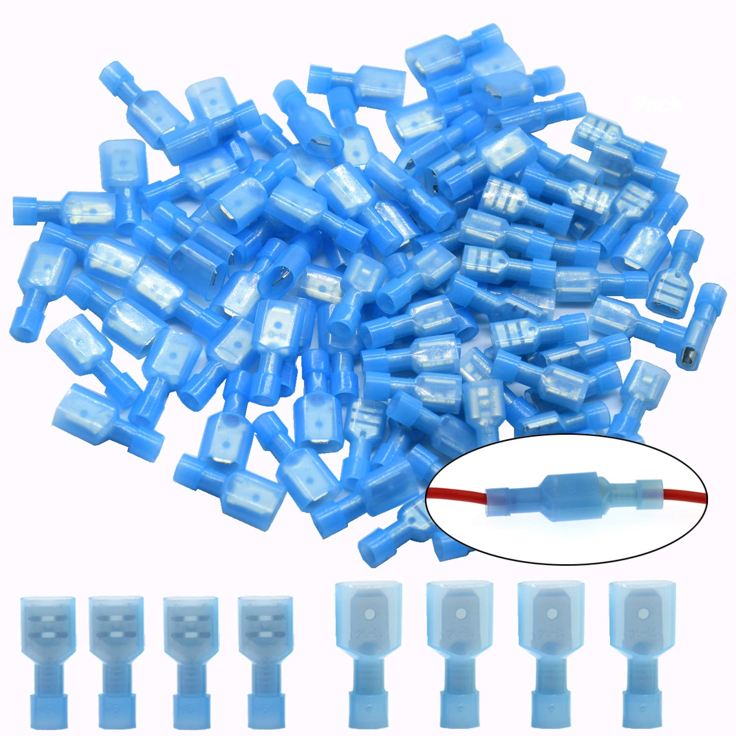 CEEYSEE 100Pcs Wire Connectors Blue 16-14AWG Nylon Fully Insulated Male & Female Spade Quick Disconnects Electrical Crimp Terminals（NSL)