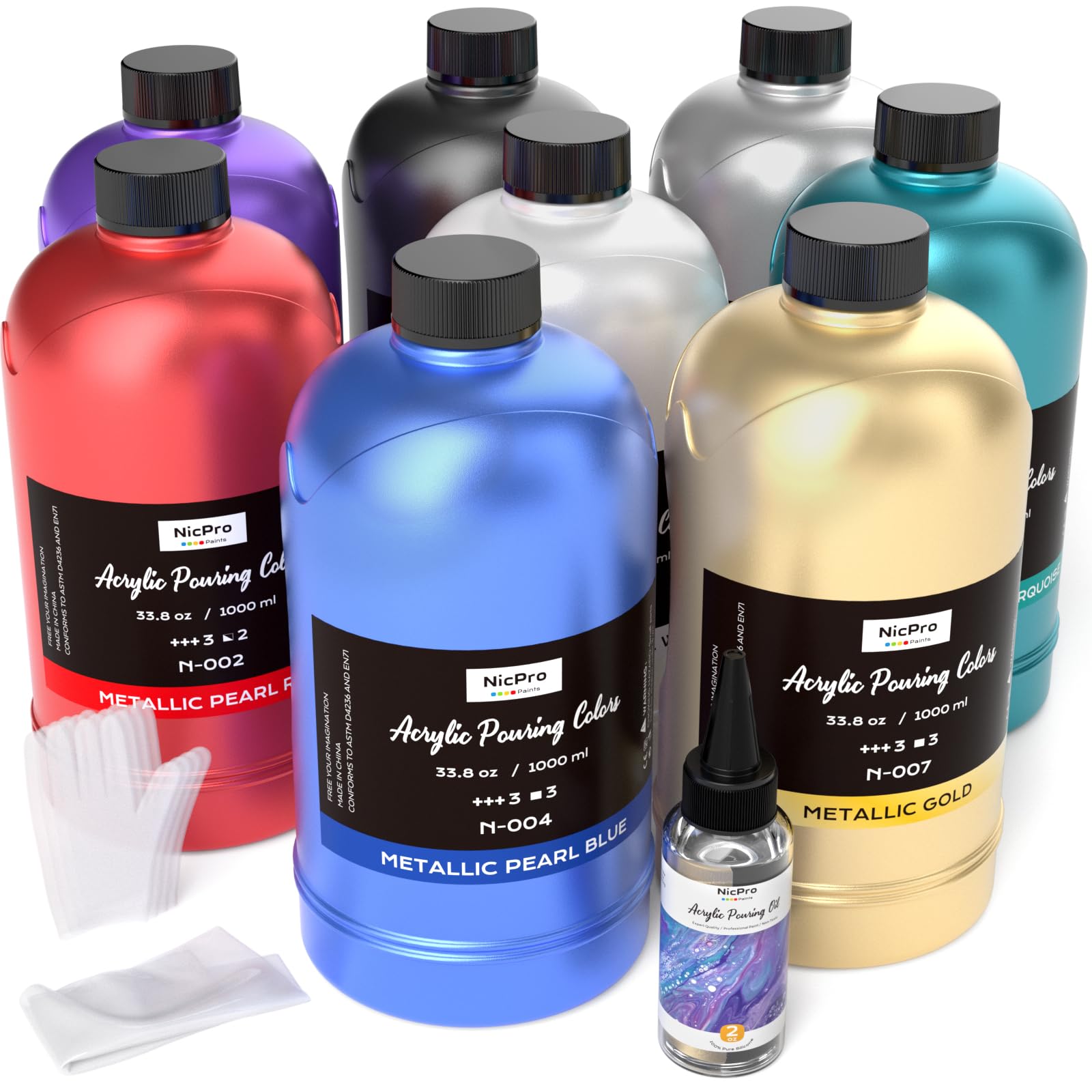 Photo 1 of Nicpro 8 Colors 33.8 oz Large Bulk Metallic Acrylic Pouring Paint Supplies Kit, Premixed High Flow Art Pour Paint with Silicone Pour Oil, Gloves, Tablecloths for Beginner DIY, Ready to Pour