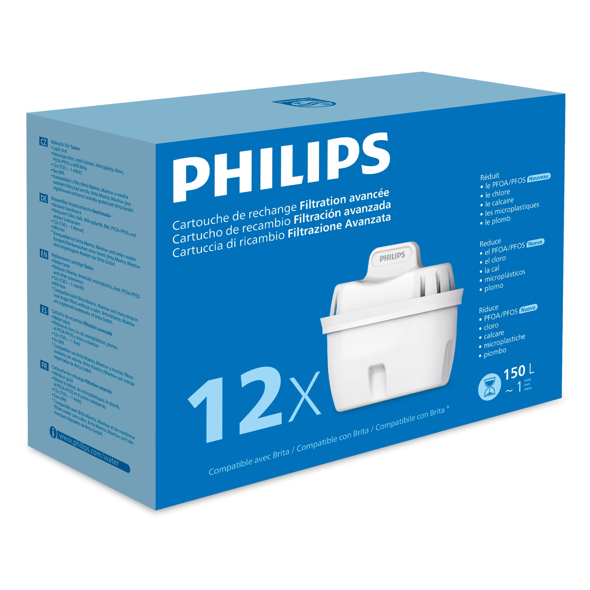 Philips Water Cartucce filtranti sostitutive Filtrazione Avanzata, 12 unità, riducono MICROPLASTICA, CLORO, CALCARE, METALLI PESANTI, CONFEZIONE PUO VARIARE, Compatibile con Brita*