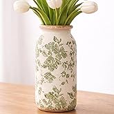 SincereLuxe Vintage Green Floral Ceramic Vase, 8 Inch Crackle Glaze Rustic Handmade Vase, Decorative Pottery for Fresh or Dried Flowers, Farmhouse Cottage Modern Rustic Decor
