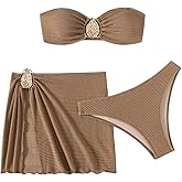 GORGLITTER Women's Strapless Bandeau Swimsuits High Waisted Cheeky Metal Bikini Sets with Bathing Suit Cover Up Skirts