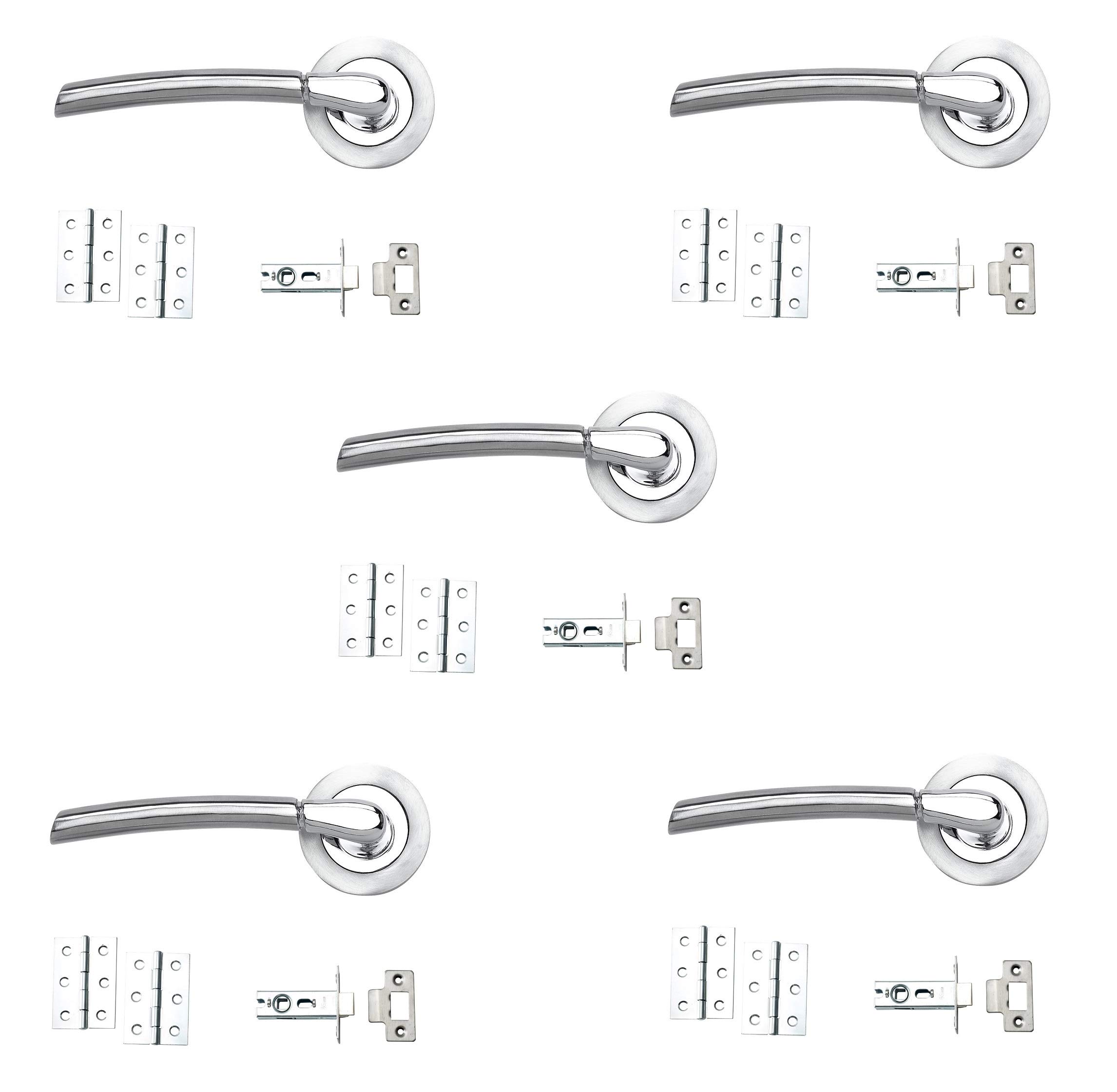 IRONZONE® 5 Sets Andalusia Style Modern Chrome Door Handles on Rose with Dual Finish Door Lever Latch Pack, Suitable for 35-44 mm Doors, for Home or Commercial Properties, Internal Door Handles