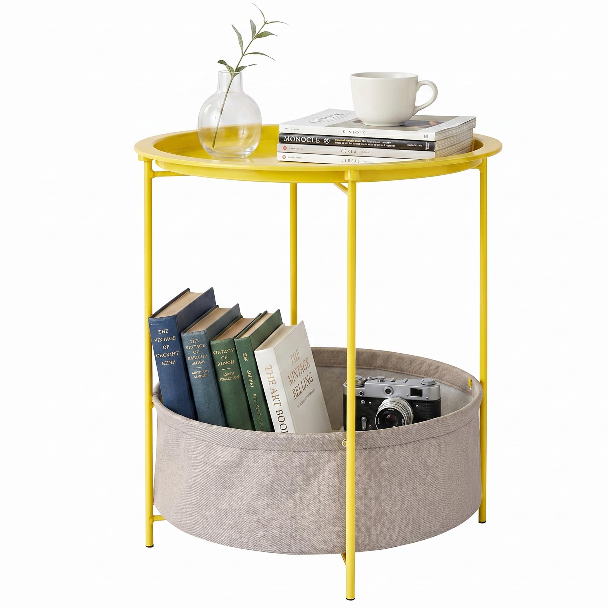 VECELO Round Side/End Table with Fabric Storage Basket，Metal Anti-Rust and Waterproof Small Bedside Nightstand with Removable Tray Top for Living Room，Balcony & Laundry，Yellow /1pcs with Basket