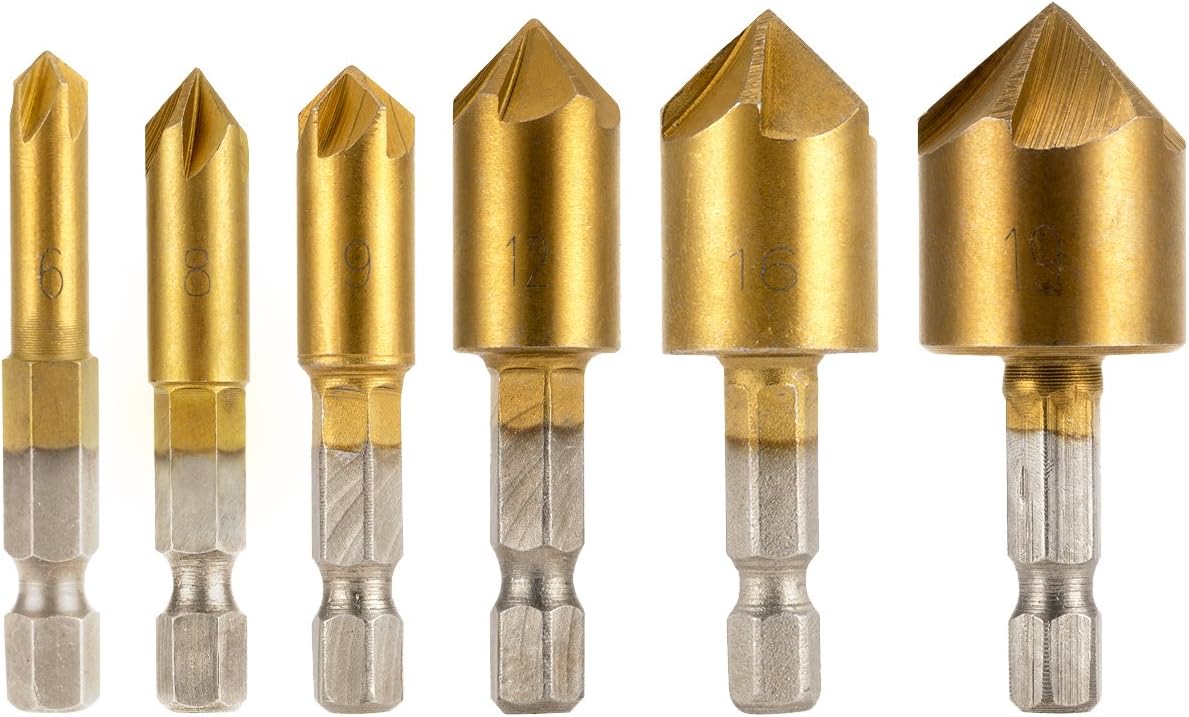 EFANTUR Countersink Drill Bits 6 Pcs Countersink Bit Set 1/4 Inch Hex Shank 6 Flute 90 Degree 6mm 8mm 9mm 12mm 16mm 19mm Wood Drill Bit