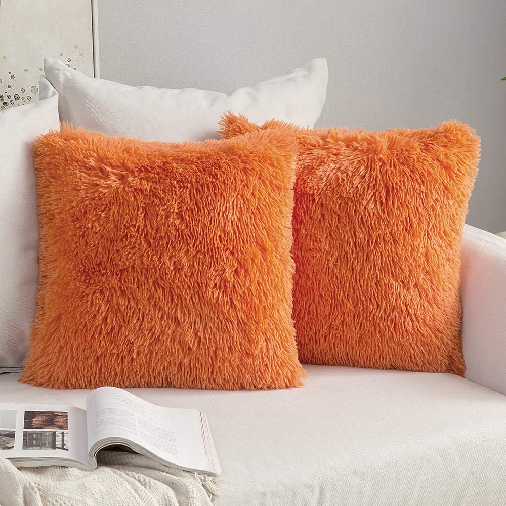 MIULEE Pack of 2 Luxury Faux Fur Fall Throw Pillow Cover Deluxe Decorative Plush Pillow Case Cushion Cover Shell for Sofa Bedroom Car 18 x 18 Inch Orange