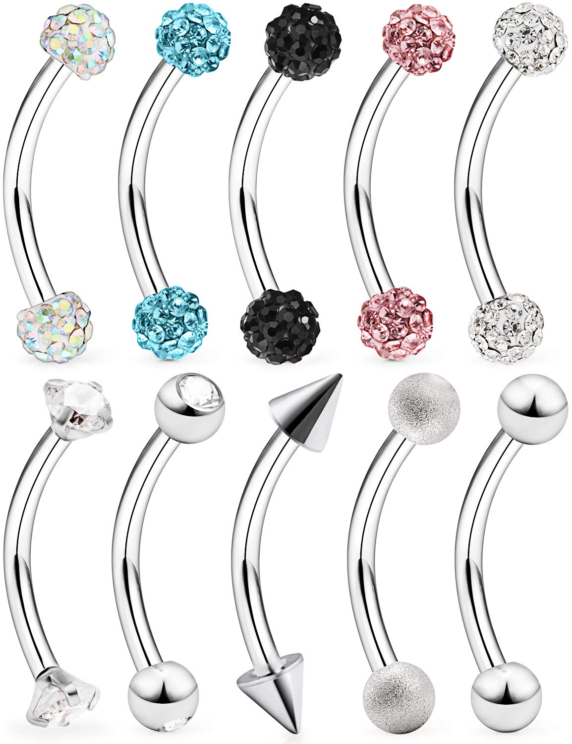 Lcolyoli 10 anillos de piercing de cejas de acero inoxidable 16G con diamante transparente CZ barra curvada Rook Daith pendiente piercing joyería corporal para mujeres y hombres tono plateado 0.394 in