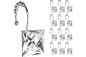 Sunlit Luxury Design Square Clear Diamond Crystal Gem Bling with Glide Balls Shower Curtain Hooks, Rust Proof Metal Rhineston