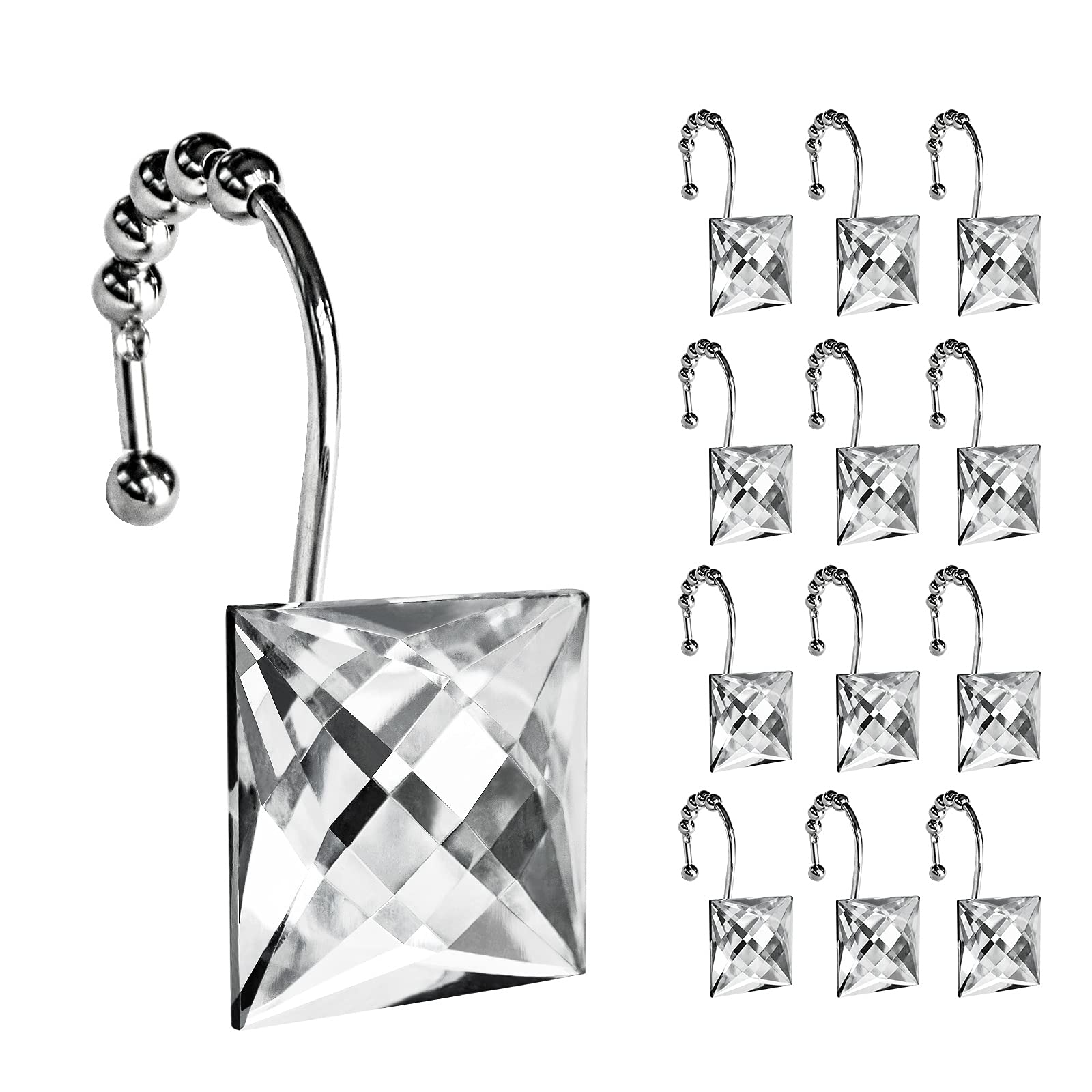 Sunlit Luxury Design Square Clear Diamond Crystal Gem Bling with Glide Balls Shower Curtain Hooks, Rust Proof Metal Rhinestones Glam Shower Curtain Rings-12 Pack,1.5 x 1.5 inches
