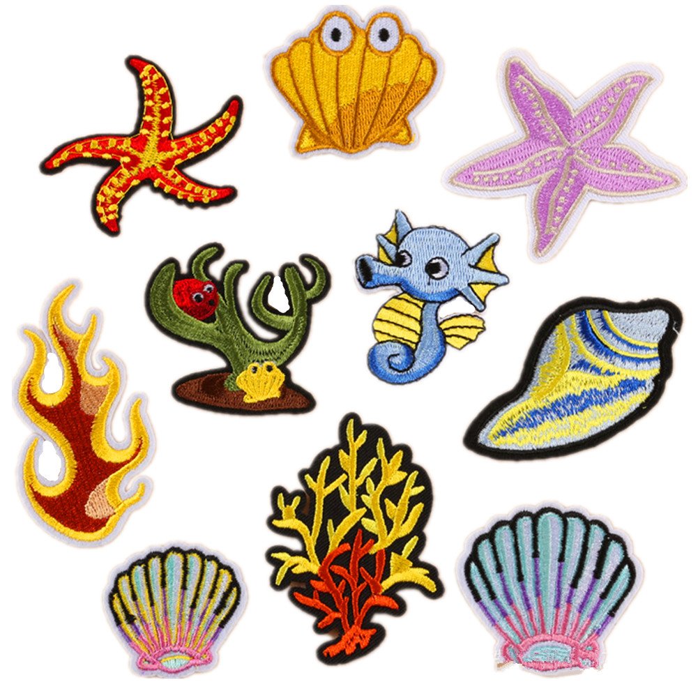 (9 Pieces) Ocrean Starfish Shell Seahorse Colletction Embroidered sew-Iron on Patches appliqués Multicoloured
