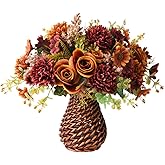 Artificial Faux Flowers in Vase, Fake Silk Floral Arrangements Rose Bouquets with Handmade Rattan Vase, Farmhouse Table Decorations Centerpieces for Dinning Room Kitchen Office Desktop (Brown)
