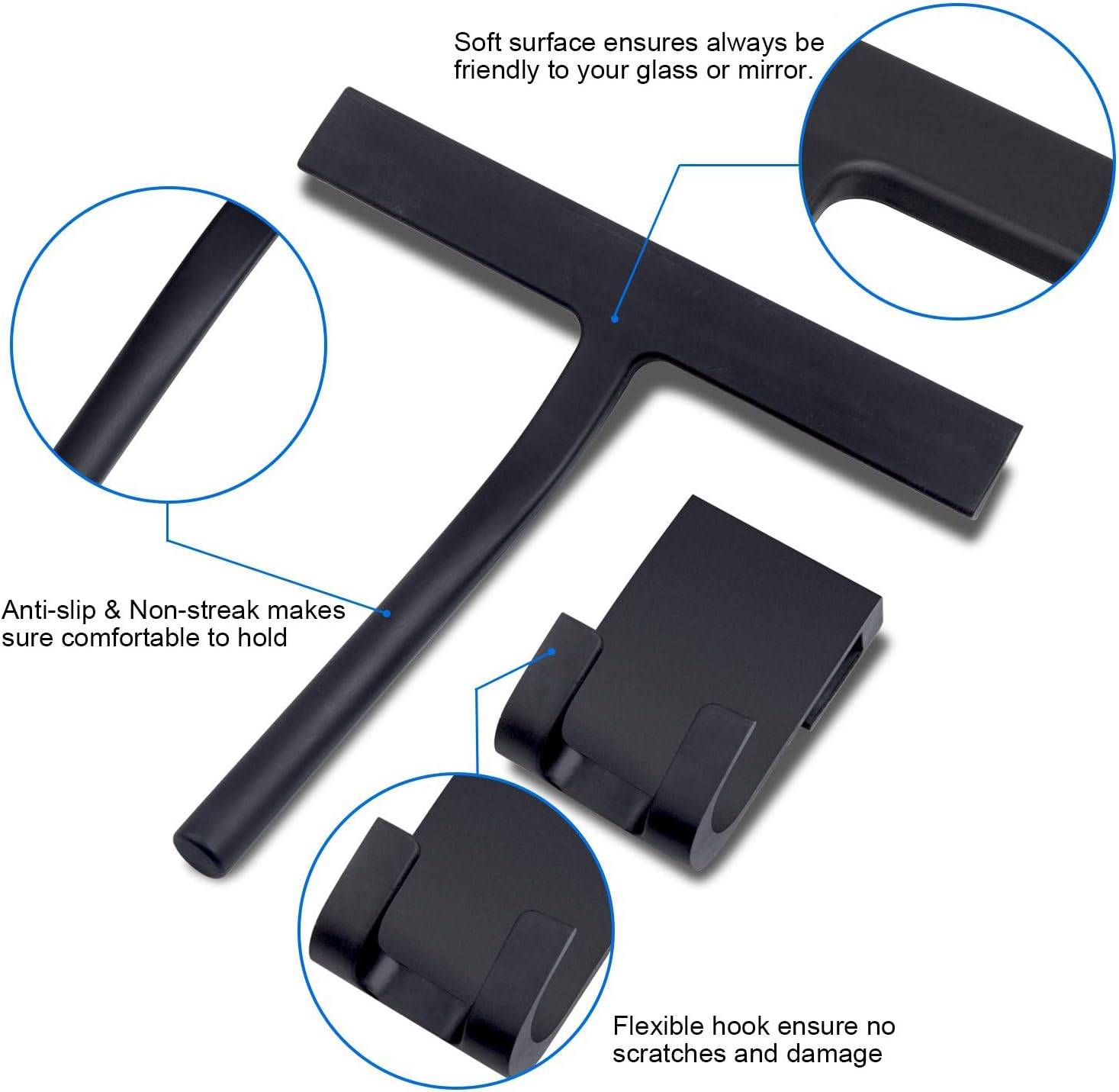 Black, L Mirror & Bathroom Silicone Shower Squeegee With Hook Non Slip
