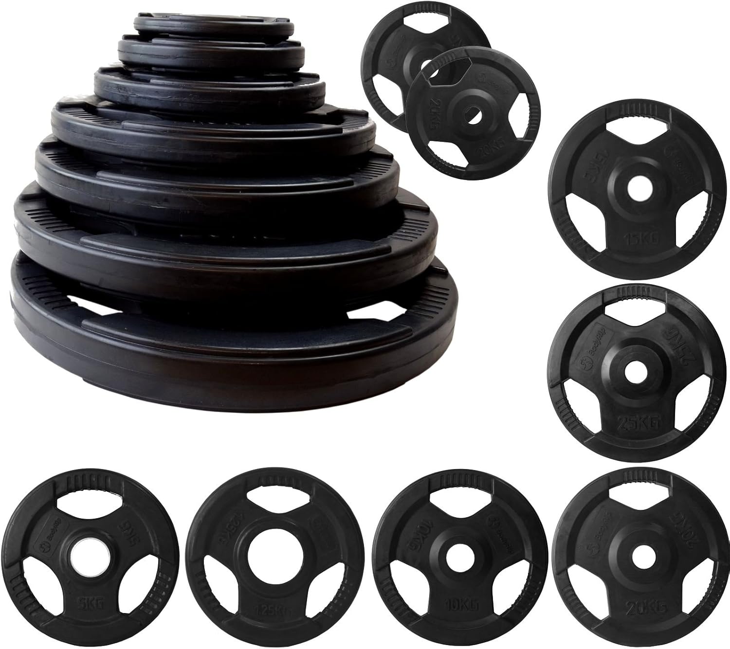BodyRip TRI GRIP RUBBER ENCASED WEIGHT PLATES 107.5kg SET DISCS FITNESS
