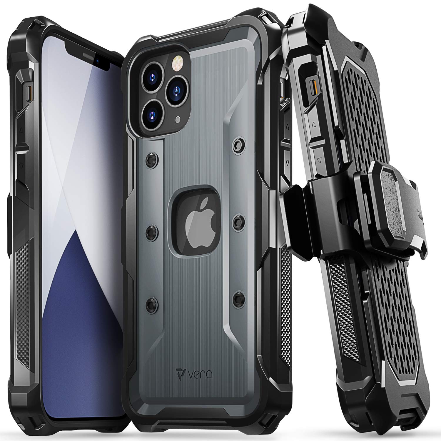 VENA vArmor Rugged Case Compatible With Apple iPhone 12 / iPhone 12 Pro (6.1"-inch), (Military Grade Drop Protection) Heavy Duty Holster Belt Clip Cover with KickStand - Space Gray