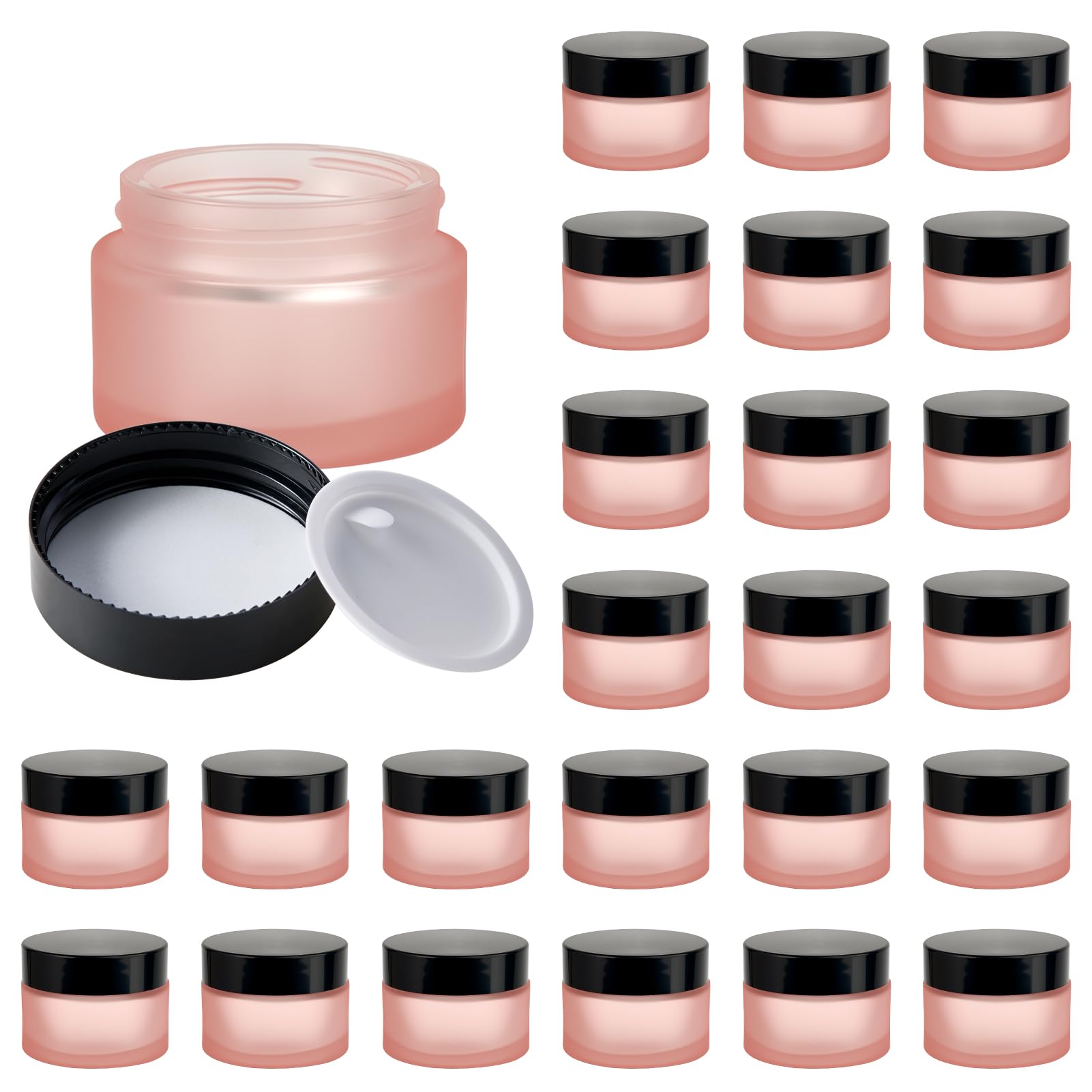 Photo 1 of 1oz Glass Jar with Lid, Hoa Kinh 25Pack Pink Frosted Round Containers Cosmetic with Inner Liners and Black Lids Travel Jars for Storing Lip and Body Scrub, Lotion, Body Butter, Bath Salts, Liquid