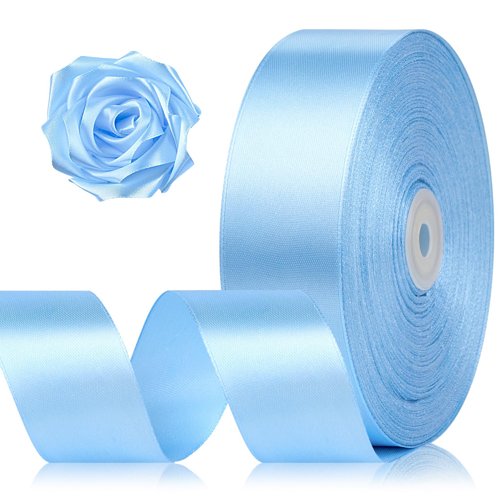 Photo 1 of 1-1/2 Inch 100 Yards Sky Blue Satin Ribbon, Solid Fabric Ribbon Roll for Flower Bouquet, Gift Wrapping, Roses Making, Handmade Crafts