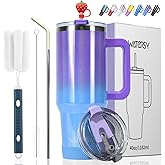 40 oz Shiny Tumbler with Handle and Straw,Stainless Steel Tumbler with Lid and Straw,Insulated Travel Mug(Cold for 34 Hours),Water Bottle for Iced Tea,Coffee (Purple)