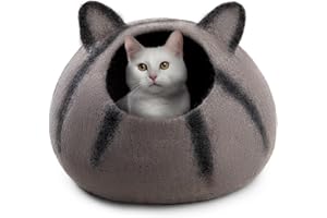 Woolygon Wool Cat Cave Bed - Handcrafted 100% Merino Wool, Eco-Friendly Felt Cat Cave for Indoor Cats and Kittens (Tabby Ears)