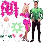 Shyyween 6 Pcs Halloween Pig and Frog Couple Costume Set Pink Pig Ears Headband Nose Feather Boa Frog Headband Collar Gloves for Adult Couple Cosplay