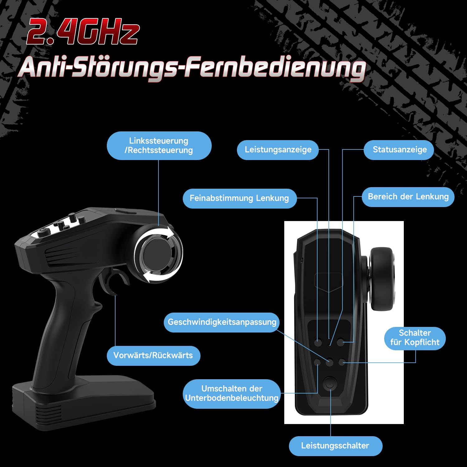 Ferngesteuertes Auto, 1/14 RC Auto mit 7 Farben Lichtern, 40KM/H Monstertruck Rc Truck, 2.4GHz Rc Auto Offroad mit Zwei Batterien, 4WD Wasserdichter RTR All Terrain, Rc Buggy für Kinder Erwachsene 7