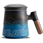 ZENS Tea Cup with Infuser and Lid for Loose Leaf Steeping, 16.9oz Embossed Ceramic Tea Infuser Mug, Wood Handle Tea Diffuser, Great Gift