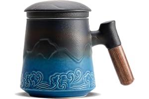 ZENS Tea Cup with Infuser and Lid for Loose Leaf Tea Steeper, 15oz Blue | Embossed Ceramic Tea Infuser Mug with Fine Strainer for Herbal Tea Lovers Gifts, Nature Wood Handle