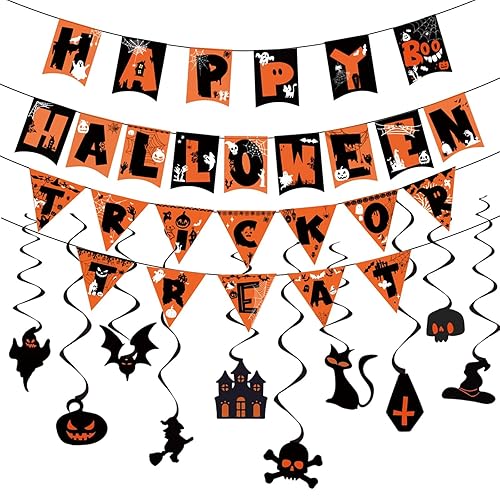 Halloween Decorations Party Supplies - Reusable Happy Halloween Banner, Trick or Treat Sign, Spooky Hanging Decor, Haloween Party Indoor & Outdoor Decoration