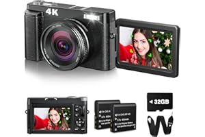 BIFEVSR 4K Digital Camera for Photography with 32GB Card Autofocus 48MP Vlogging Camera for YouTube with Flash Anti-Shake 16x Zoom 3 180 Flip Screen Compact Travel Camera for Teens Adults