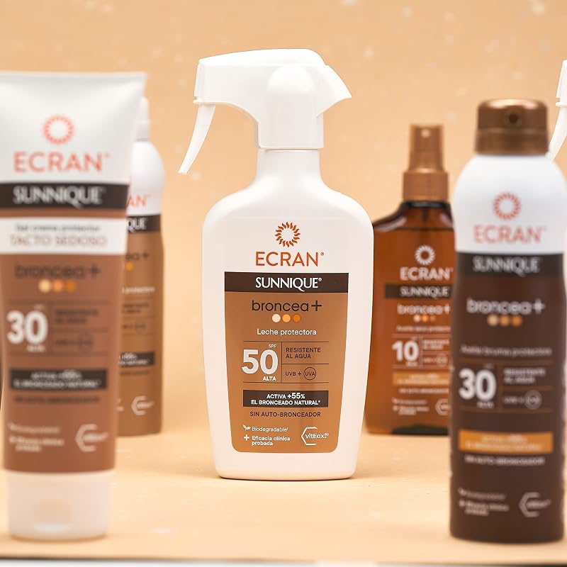 Ecran Sunnique Sunnique Protetor Solar Leite Tanning+ FPS 50 Alto UVB + UVA e IR-A Proteção Spray Ativa Bronzeamento Natural, Sem Autobronzeador, com Tecnologia PureBronze, Resistente à Água - 270 ml