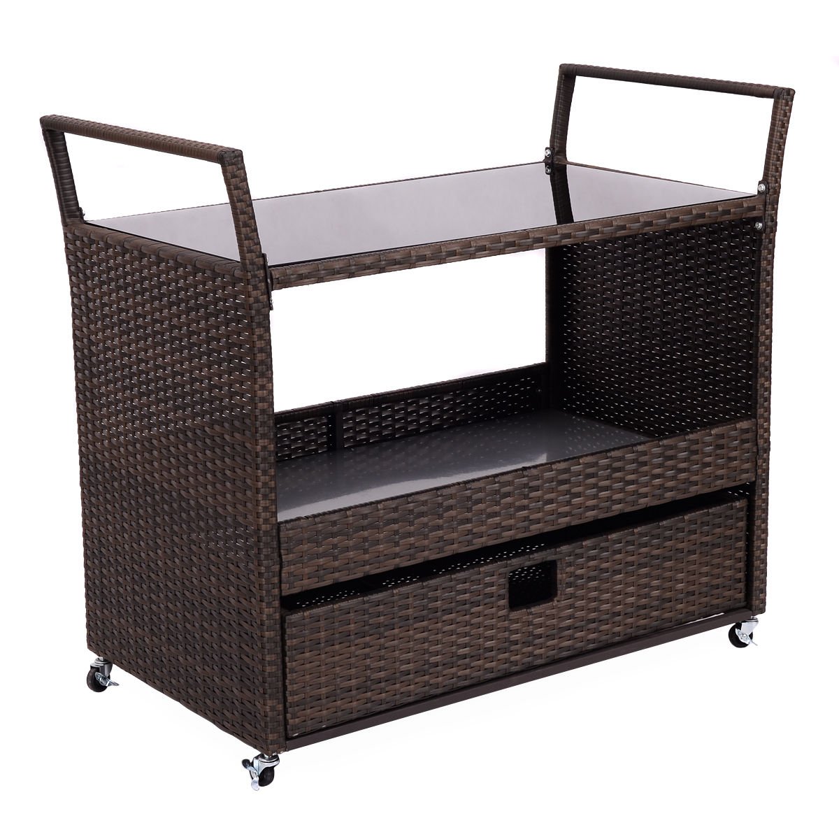 AyaMastro Portable Rattan Wicker Rolling Kitchen Trolley Cart Dining Drawer w/Shelves & Handle