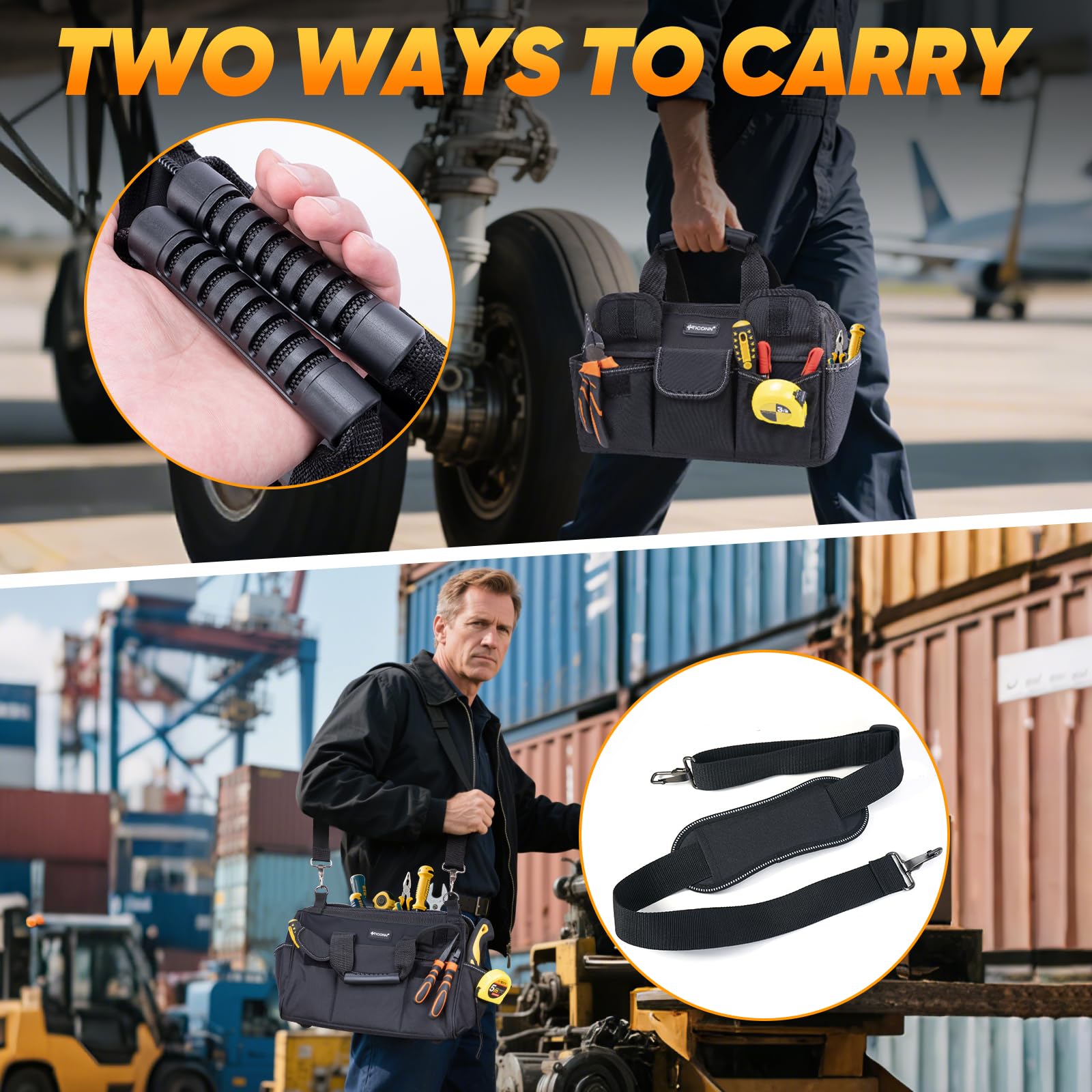 TICONN Heavy Duty Tool Bag with Multi-Pockets, Portable Tool Box Organizer Storage Bag, with Adjustable Shoulder Strap and Ergonomic Handle (Black, 16