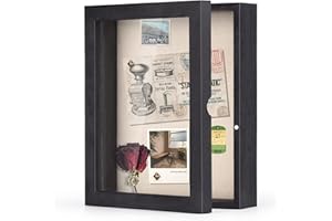 SZQINJI 8x10 Shadow Box Frame Memory Box Flower Shadow Box Display Case with Linen Back Glass Magnetic Door for Memorabilia Awards Medals Photos Rustic Black Wall and Tabletop