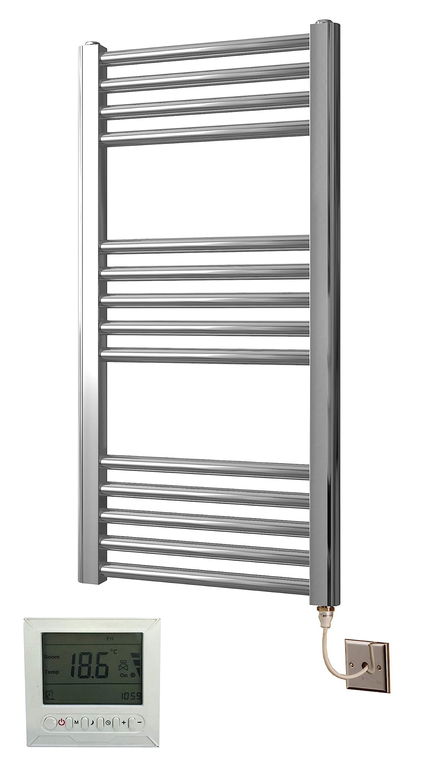 Greened House Electric Chrome 400W x 800H Flat Towel Rail + Timer and Room Thermostat Bathroom Towel Rails — image 1