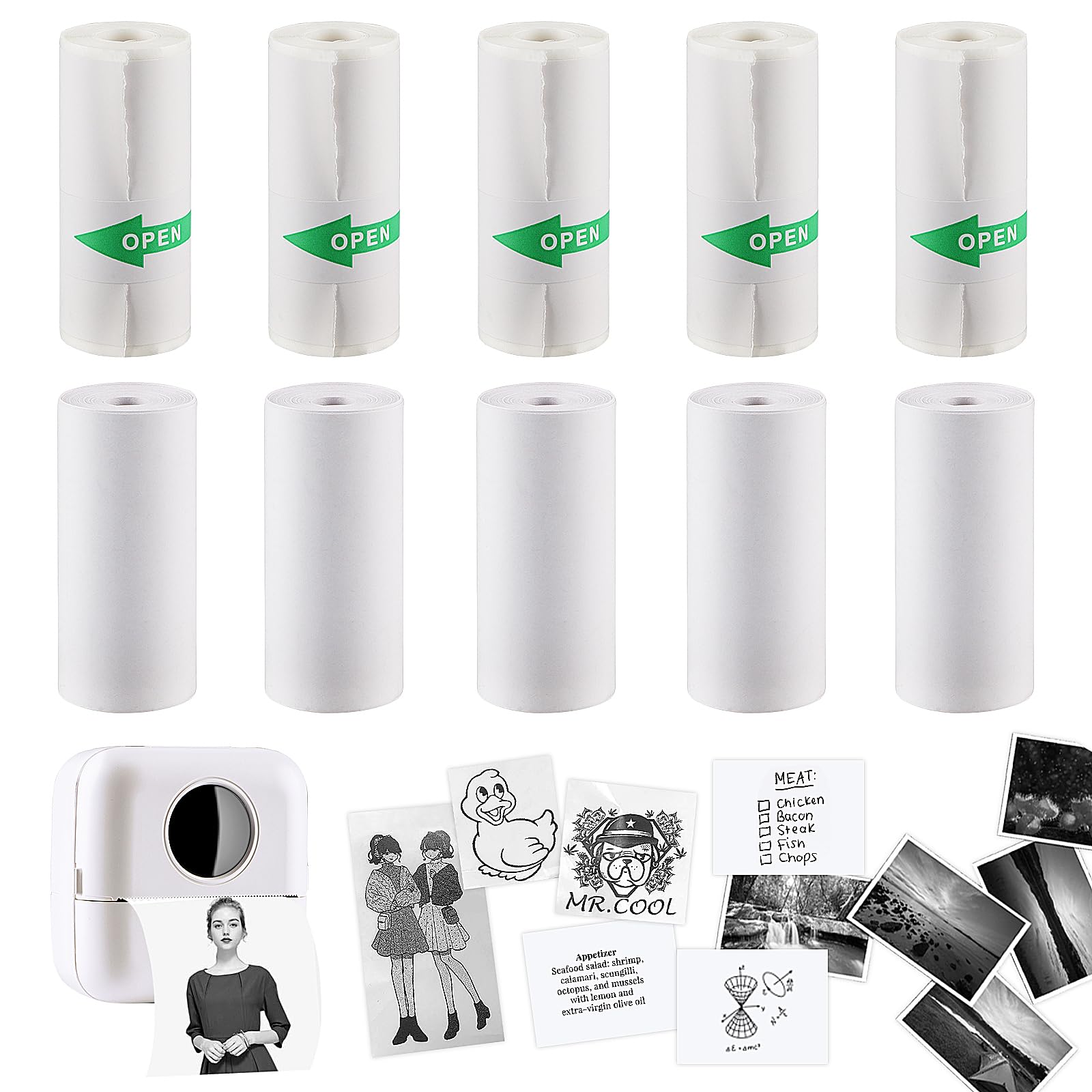 HuiJuKeJi 10 Rolls Thermal Inkless Printing Paper for Mini Sticker Receipt Printer Portable Bluetooth Pocket Printer, Including 5 rolls of adhesive thermal Paper for Photo Journal Notes Memo-57x25mm