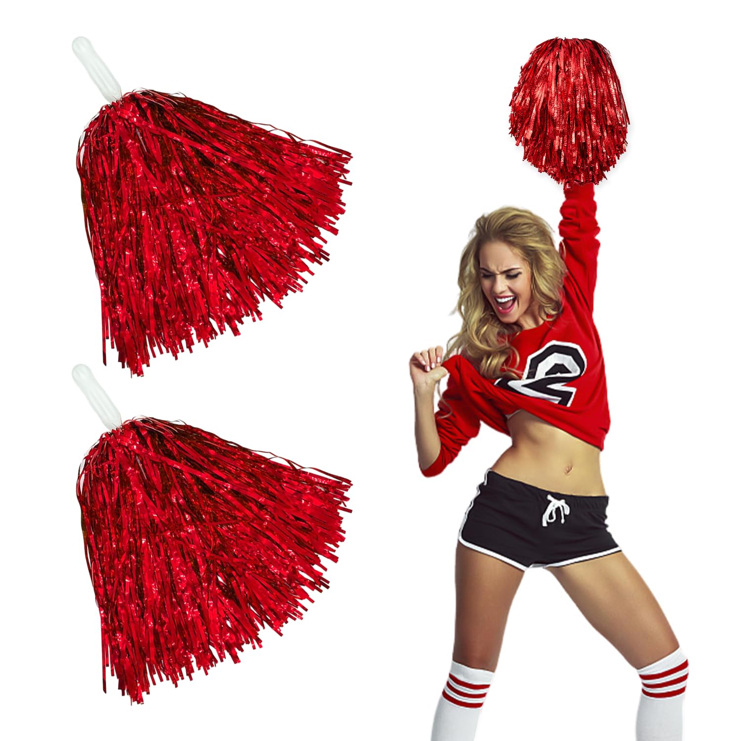 CYNOSURETECH 2 pieces metal foil cheer ball set, sports cheer balls, sports pompoms, carnival cheer balls, cheerleading hand flowers, suitable for stage performances, cheerleading, dance (red)