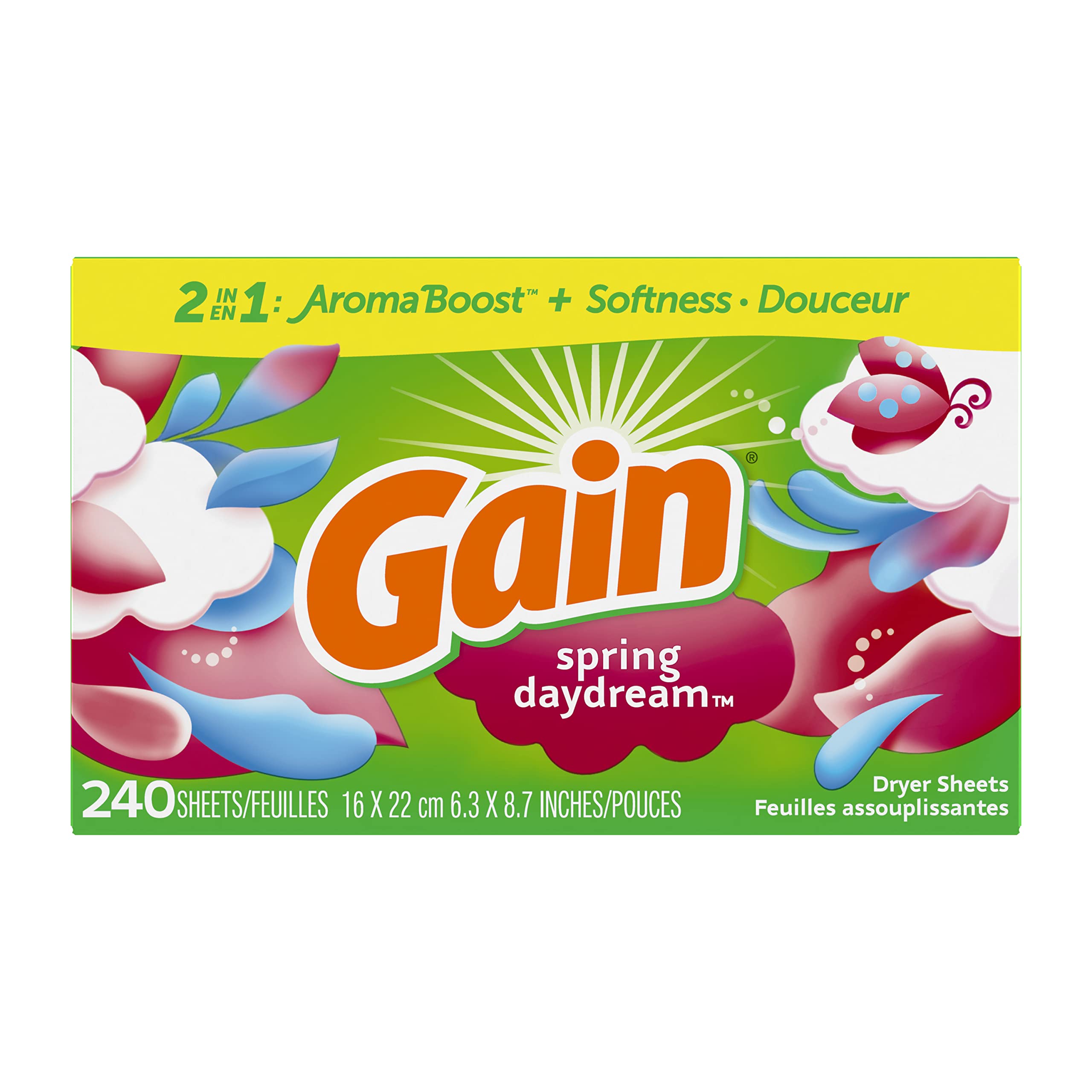 Gain Dryer Sheets, 240 Count, Original Scent Laundry Fabric Softener Sheets with 2-in-1 AromaBoost Plus Softness