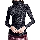 Women's Slim Fit Long Sleeve Sequin Turtleneck Sparkle Tee Glitter Blouse Tops