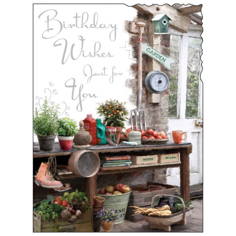 Birthday / Greetings Card (JJ8931) Velvet - Gardening - Silver Embossed