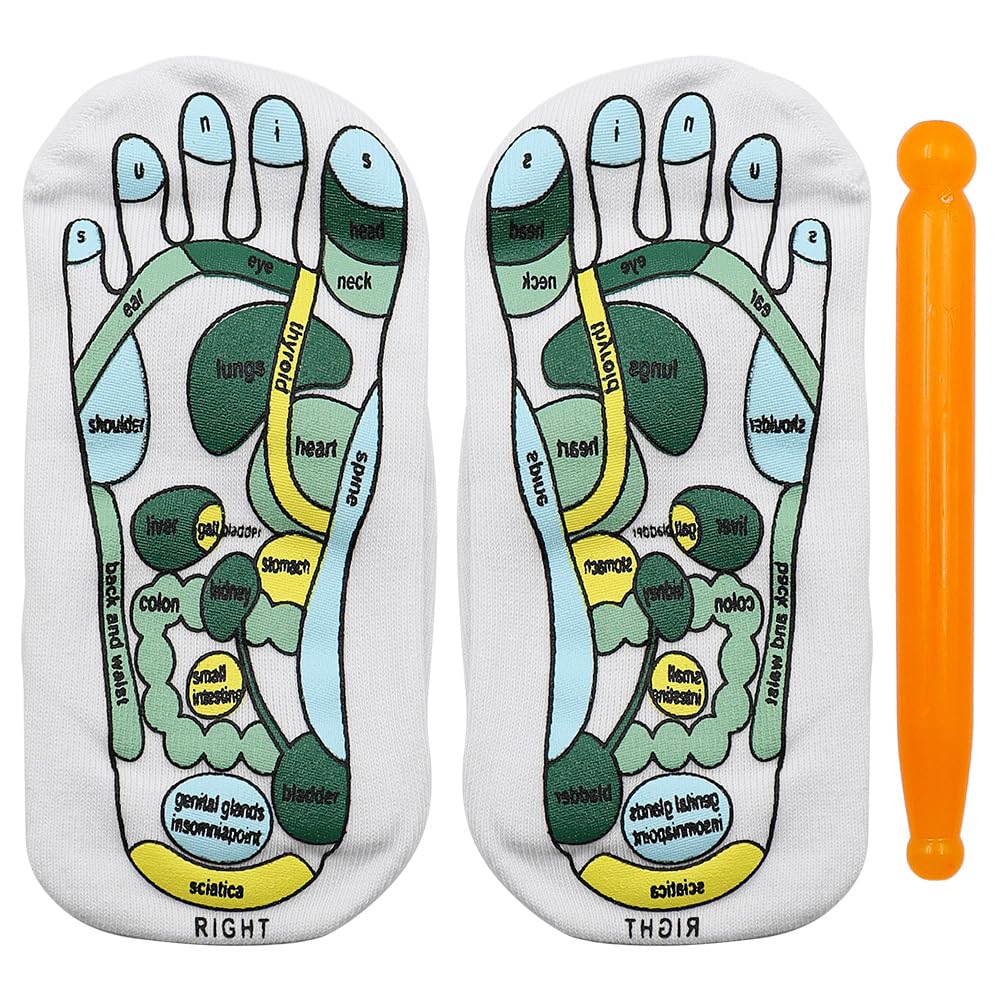 Tiardey 1 Pair of Acupressure Socks, Reflexology Socks, Five Toe Separate Socks with Massage Tools, Reflection Area Schematic Socks (White+Green)