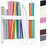 Qinyoung Acrylic Straw Holder for Cabinet Door with Double Sided Adhesive Tape Reusable Straw Organizer Tumbler Storage Kitchen Accessories Container for Counter Cupboard(Marble Texture,Large,White)