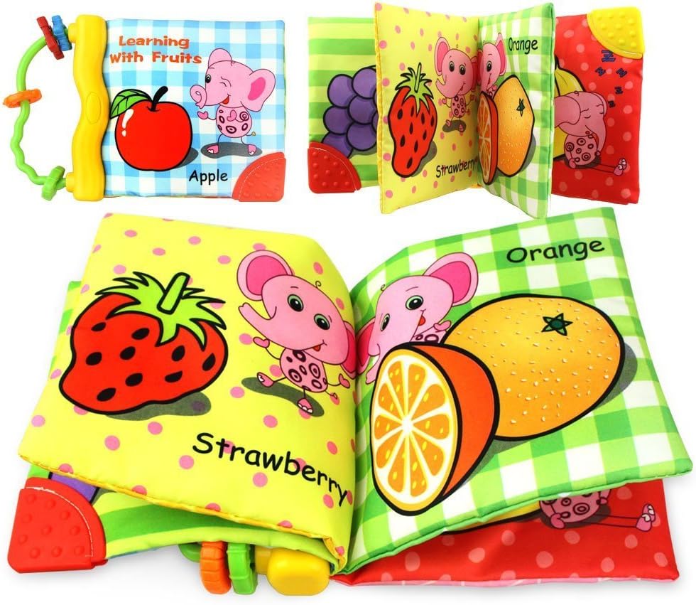 Little Bado Baby Earlyears Tactile and Educational Non-Toxic Cloth Soft Book-Teether Rings-Infant Learning Toy Fruit - Squeak, Rattle, Crinkle Toddler Activity Gift
