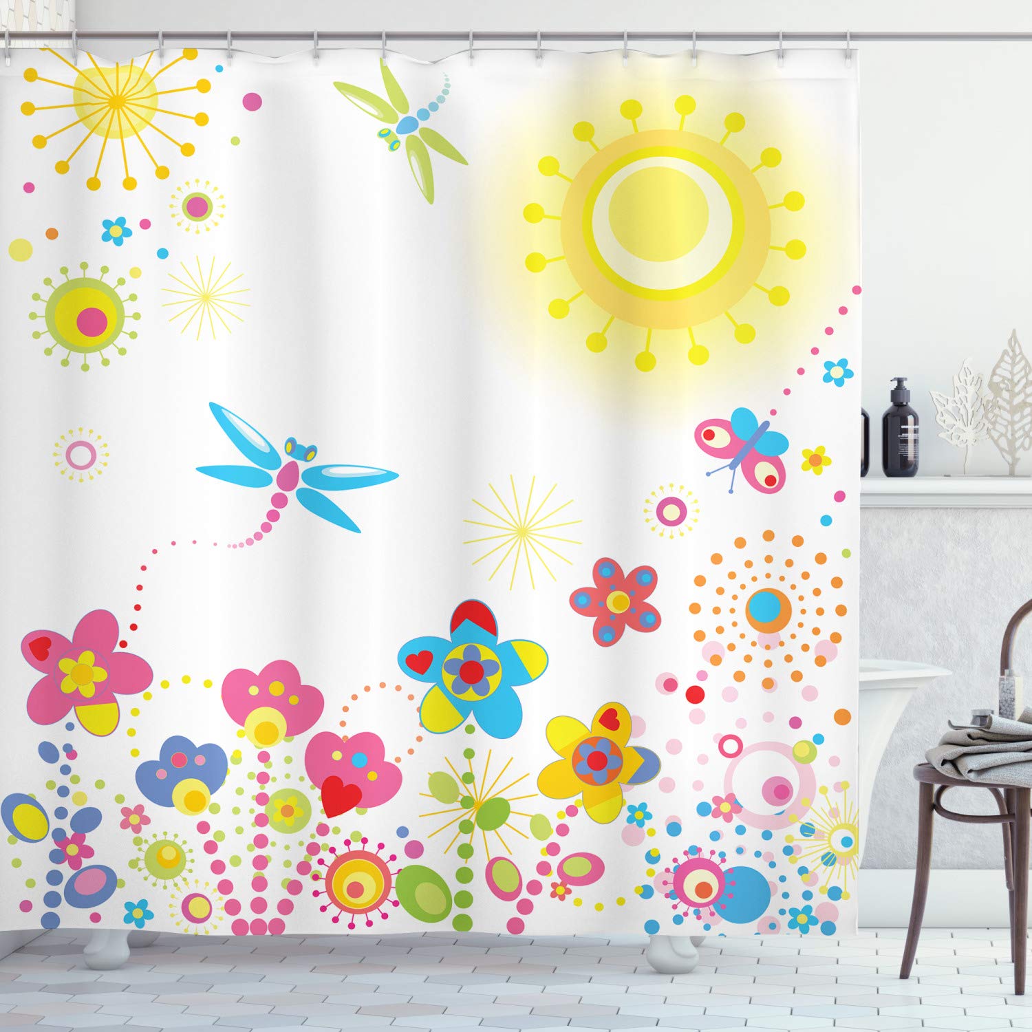 ABAKUHAUS Dragonfly Shower Curtain, Summer Themed Floral Backdrop with Sun Rays Colorful Dandelions Happiness Graphic, Cloth Fabric Bathroom Decor Set with Hooks, 175 x 220 cm, Yellow Multicolor