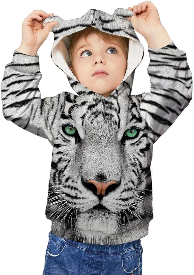 512Y Teen Kids Boy 3D Print Cat Ear Cartoon Animal Sweatshirt Pocket