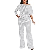 FairyLove Two Piece Sets for Women Lounge Sets Cowl Neck Tops Wide Leg Crop Pants Vacation Travel Outfits