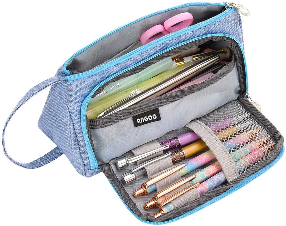 lovingmona Pencil Case for Teenage Girls Boys Light Blue Compartments Pencil Pen Pouch Large Capacity Canvas Bag Stationery Pencils Organizer with Handle