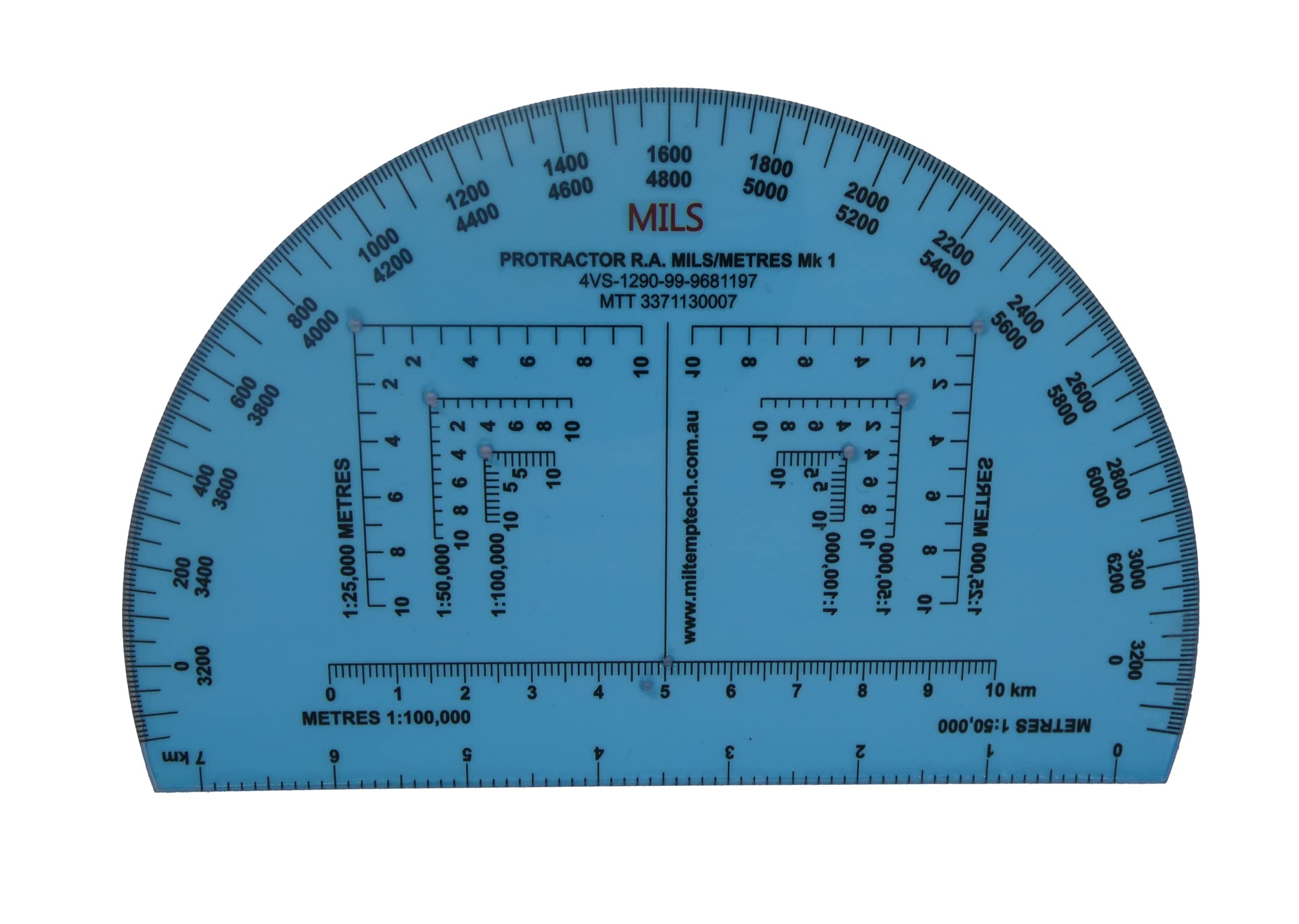 United Kingdom MOD RA 6 Inch Protractor NSN 4VS-1290-99-9681197 is a Map Protractor Military for Land Navigation in Mils. This Map Tool is used for Map Reading, Orienteering, and Survival Navigation.