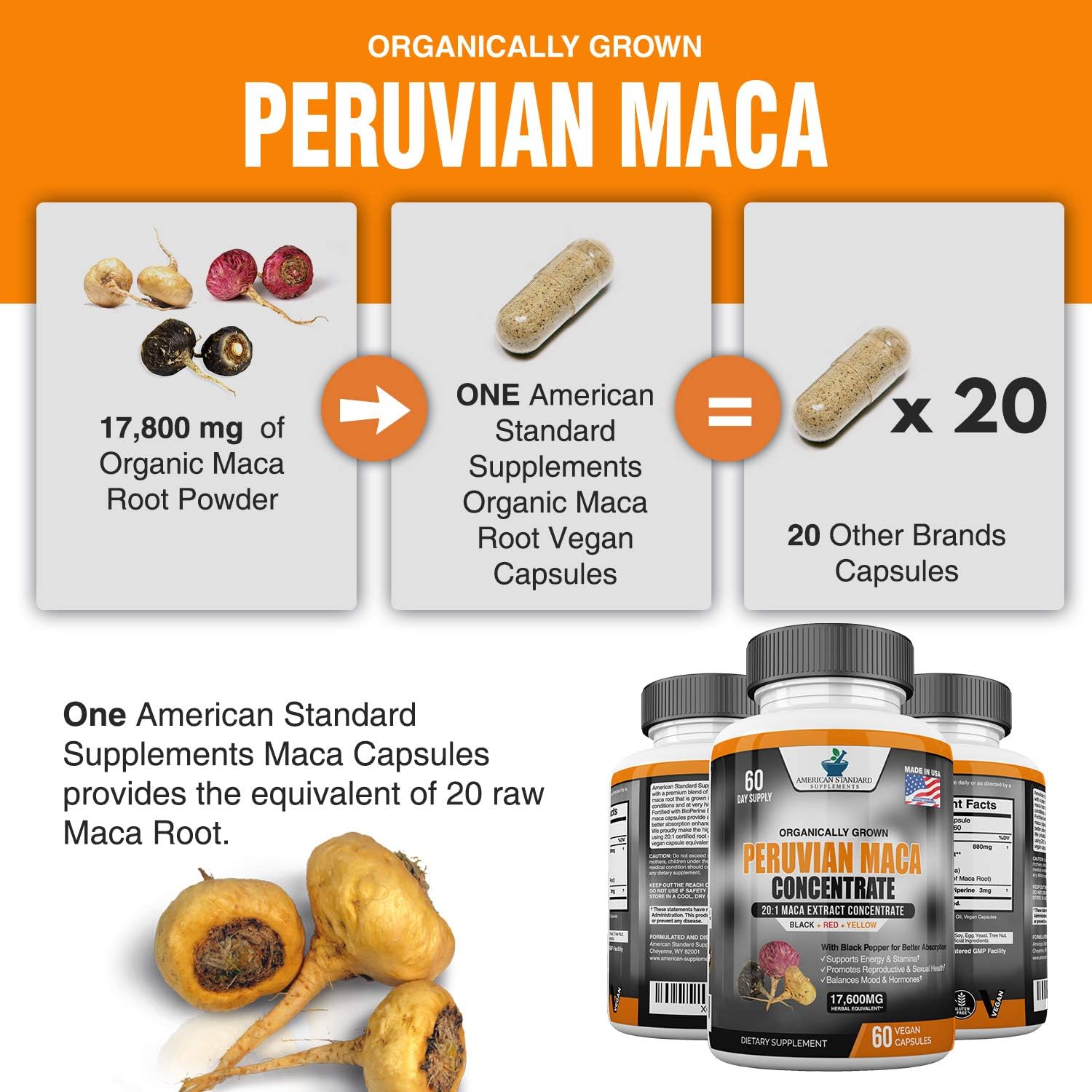 Maca Organic Peruvian Powder Capsules - 17,600 mg Per Capsules - Black, Red, Yellow Root with Black Pepper Extract, Increase Energy, Stamina, Libido Mood, Hormone for Men & Women, 60 Vegan Capsule: Health & Personal Care