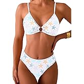 Fanuerg Women's Triangle Bikini Sets O Ring Linked Two Piece Swimsuits Floral Printed Cheeky Bathing Suit